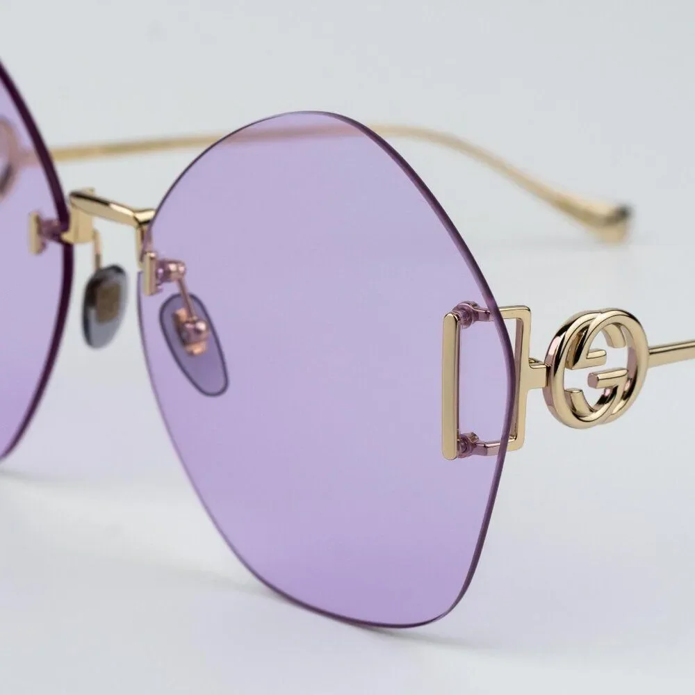 Gucci Women Sunglasses Gold Chain Violet Round GG1203S 001 NEW AUTHENTIC